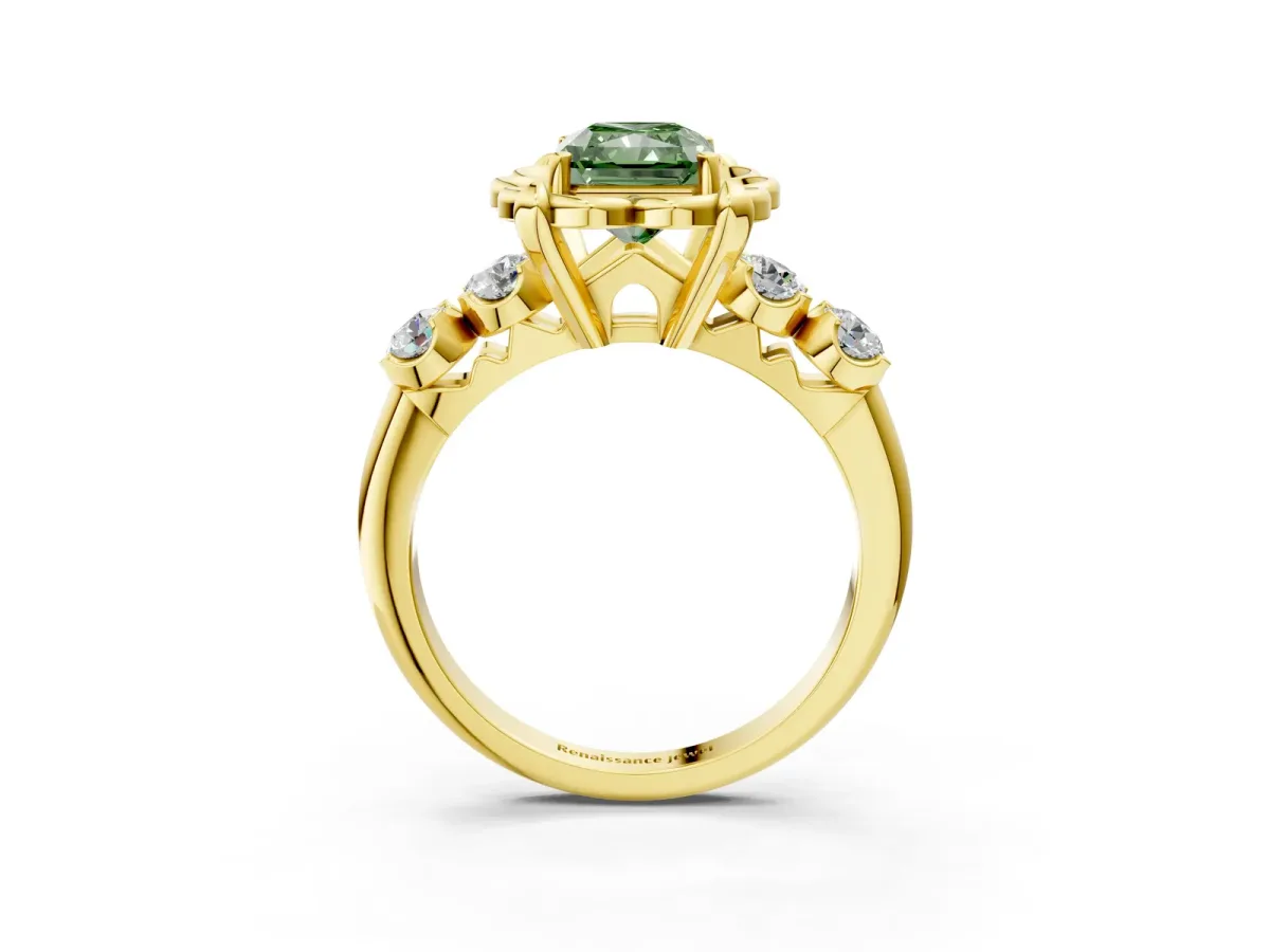Fancy Green Radiant Cut Cut Diamond Floral Halo Engagement Ring with Shared Prong Setting Yellow gold