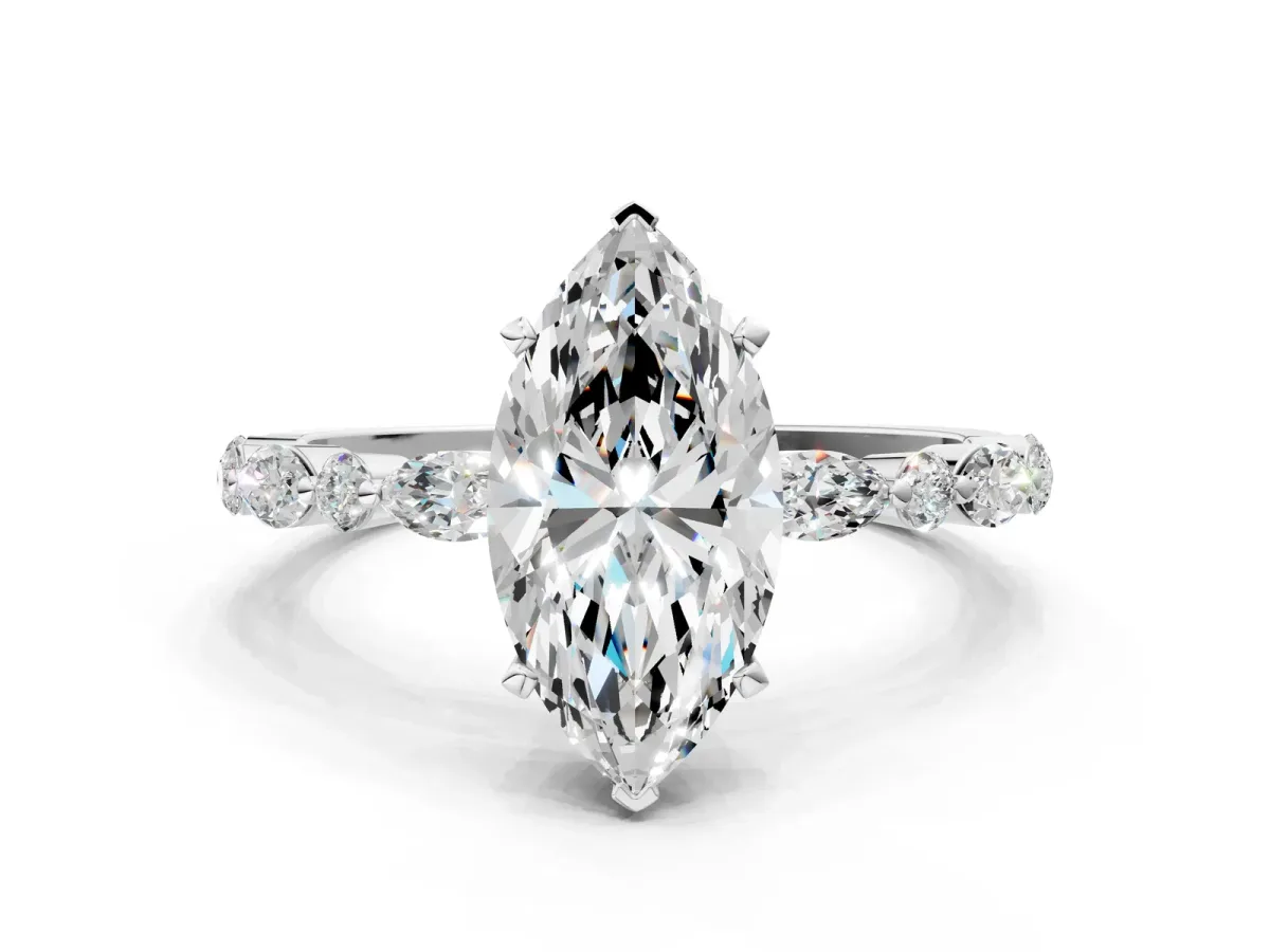 Marquise Cut Diamond Ring with Marquise and Round Moissanite Side Stones and Four-Prong Setting Platinum