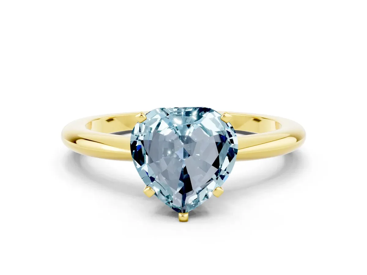 Heart Cut Aquamarine Solitaire Ring with Six-Prong Setting and Classic Band Yellow gold
