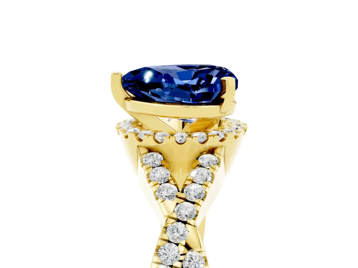 Heart Cut Blue Sapphire Halo Twist Band Solitaire Prong Setting Ring Yellow gold