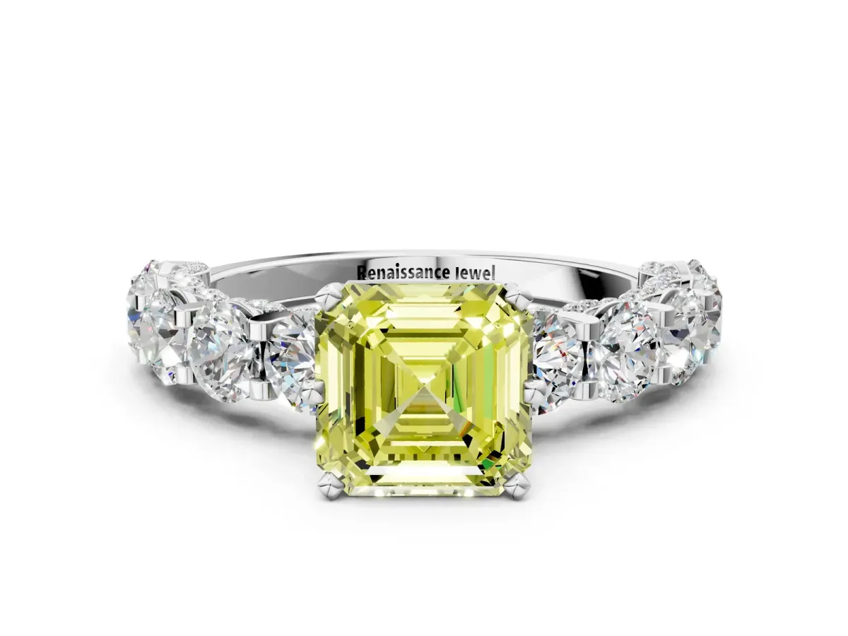 Fancy Yellow Asscher Cut Diamond Side Stone Engagement Ring with Four-Prong Setting Silver