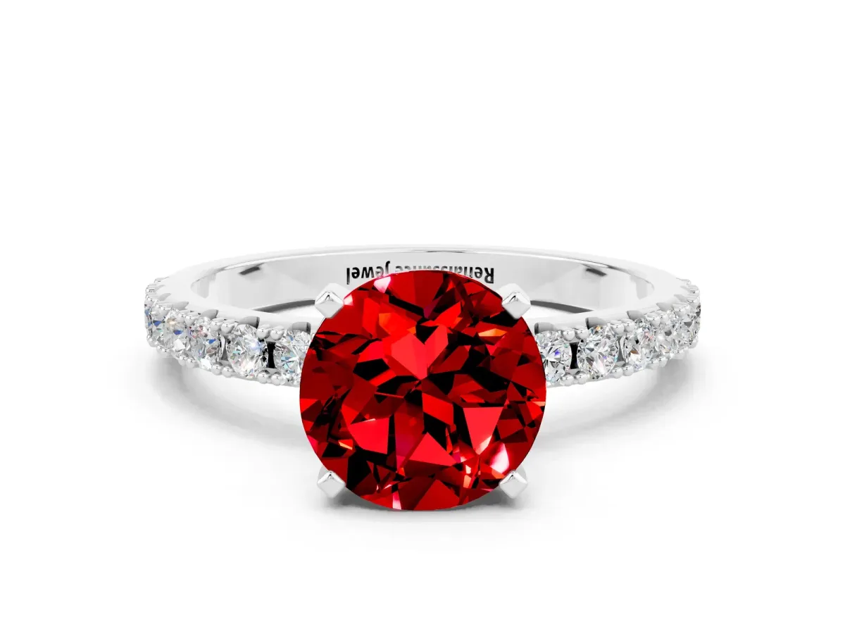 Round Cut Ruby Solitaire Pavé Band with Four-Prong Setting Platinum