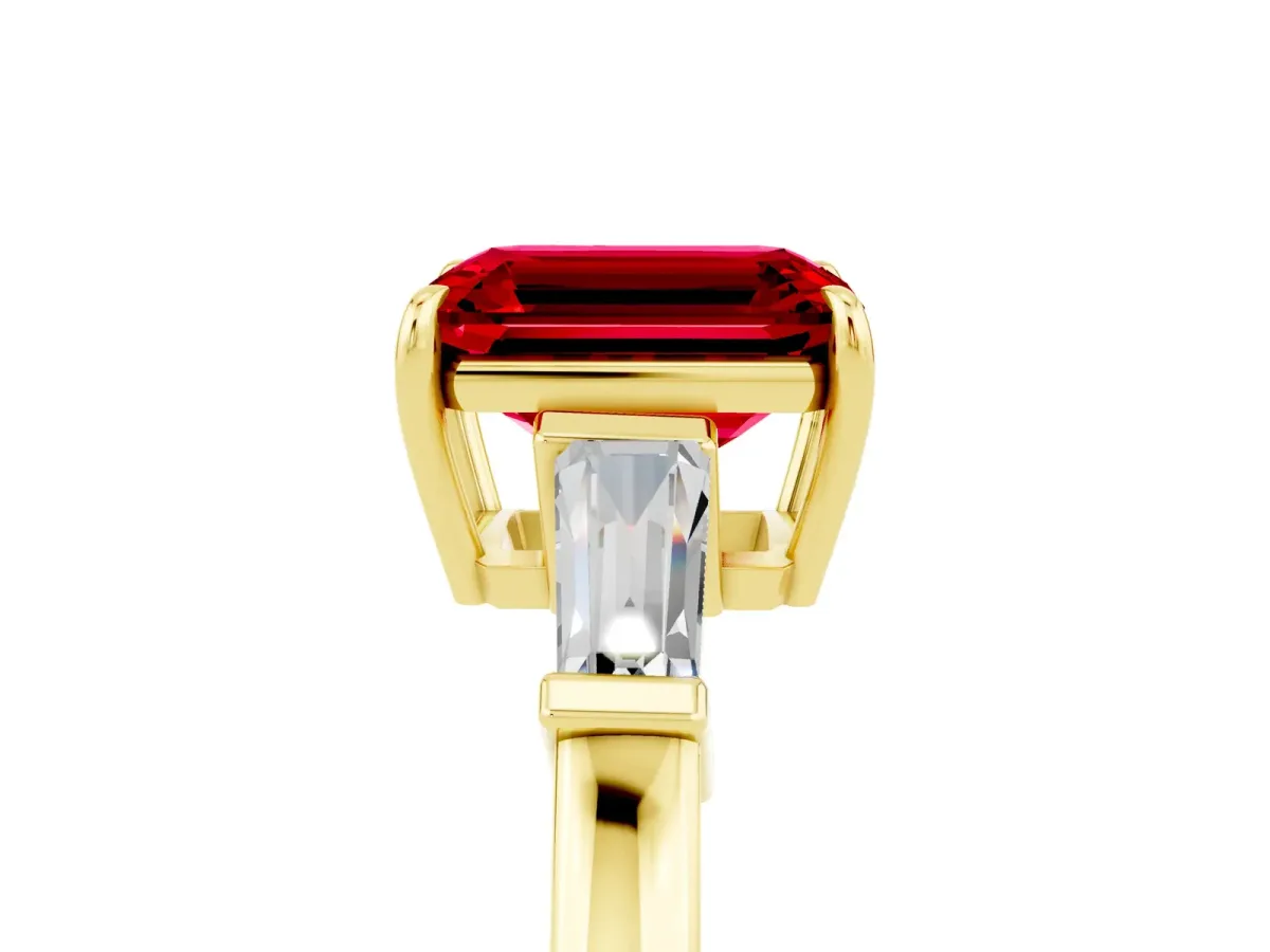 Emerald Cut Ruby Three-Stone Ring with Tapered Baguette Side Stones and Prong Setting Yellow gold