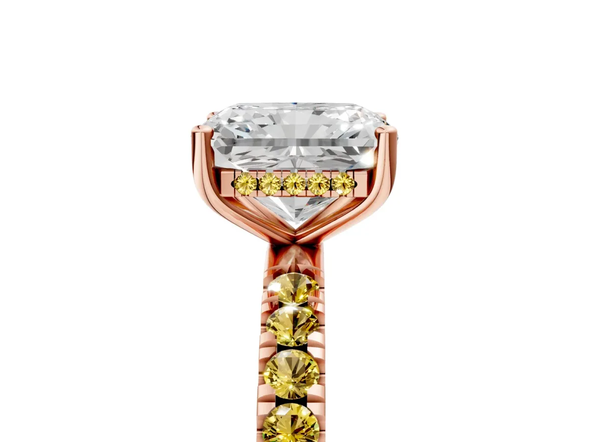 Radiant Cut Diamond Pave Band Solitaire Ring with Round Yellow Sapphire and Prong Setting Rose gold