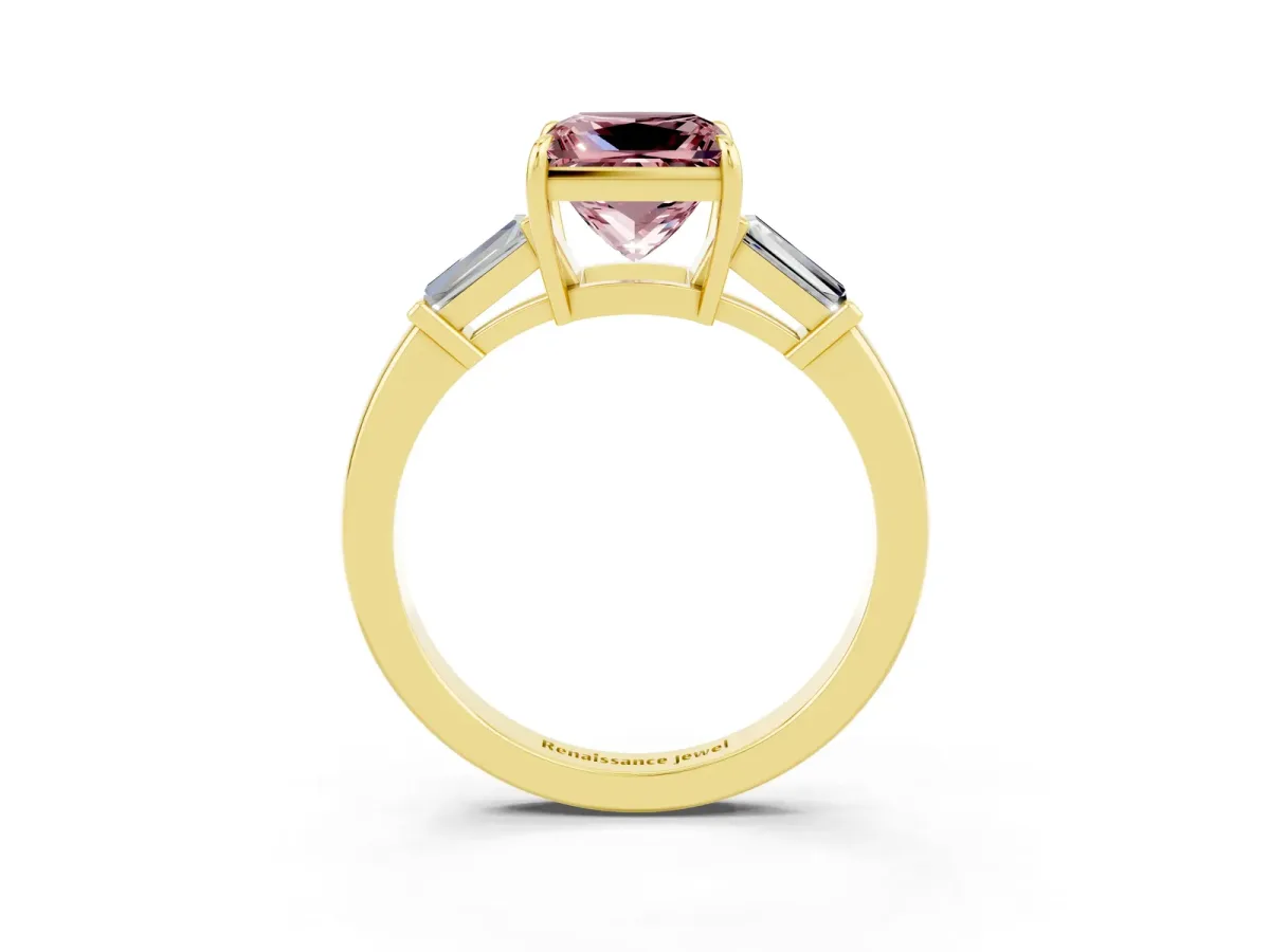 Princess Cut Morganite Three-Stone Ring with Tapered Baguette Side Stones and Prong Setting Yellow gold