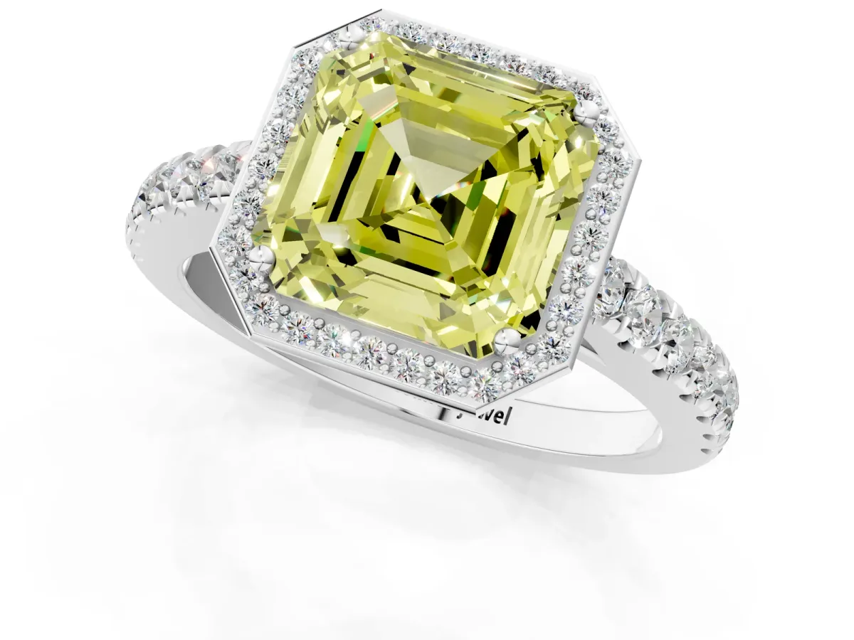 Fancy Yellow Asscher Cut Cut Halo Diamond Engagement Ring with Pave Band and Four-Prong Setting Platinum