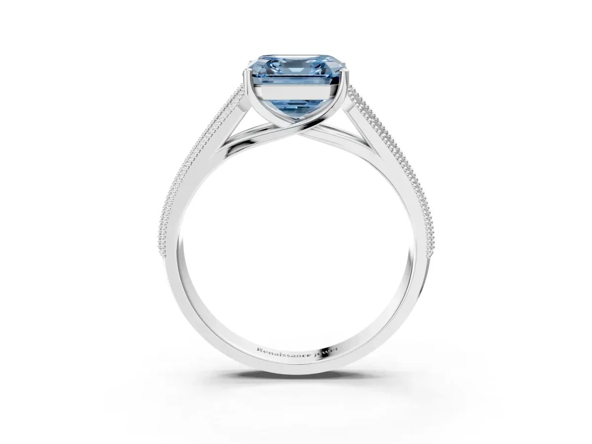 Fancy Blue Asscher Cut Cut Pave Split Shank Engagement Ring with Four-Prong Setting Platinum