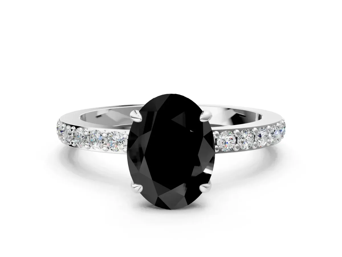 Fancy Black Oval Cut Diamond Solitaire Engagement Ring with Pavé Band and Four-Prong Setting Silver