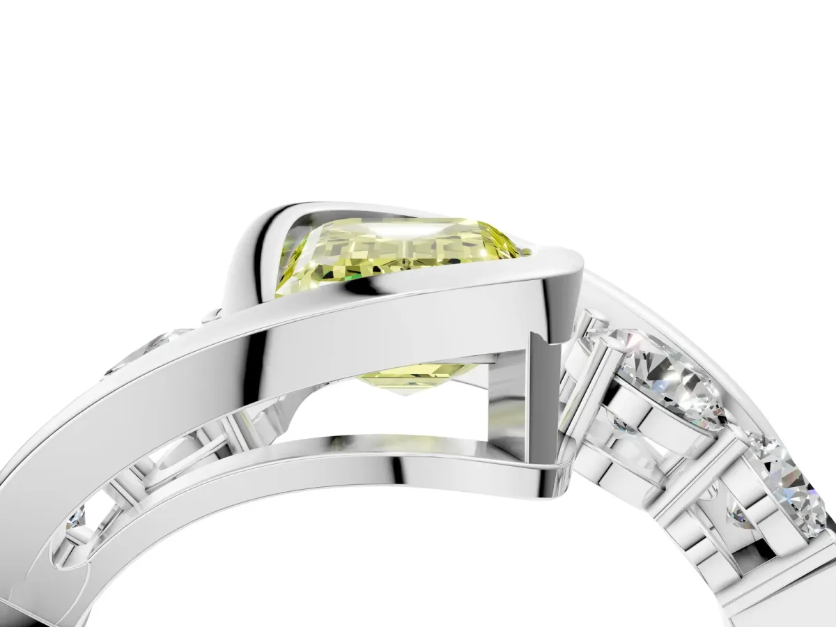 Fancy Yellow Bezel Set Emerald Cut Diamond Bypass Ring with Round Accents Platinum