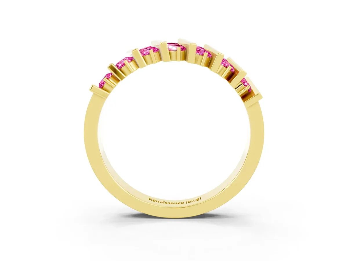 Channel Set Round Pink Sapphire Anniversary Band with Vertical Prongs Yellow gold