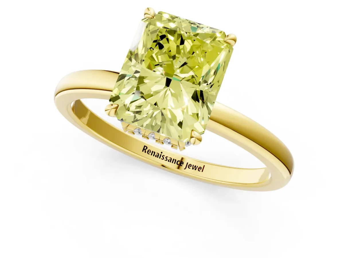 Fancy Yellow Radiant Cut Solitaire Engagement Ring with Cathedral Band and Four-Prong Setting Yellow gold