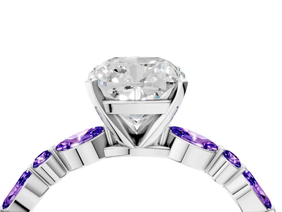 Cushion Cut Diamond Ring with Marquise and Round Tanzanite Side Stones and Four-Prong Setting White gold