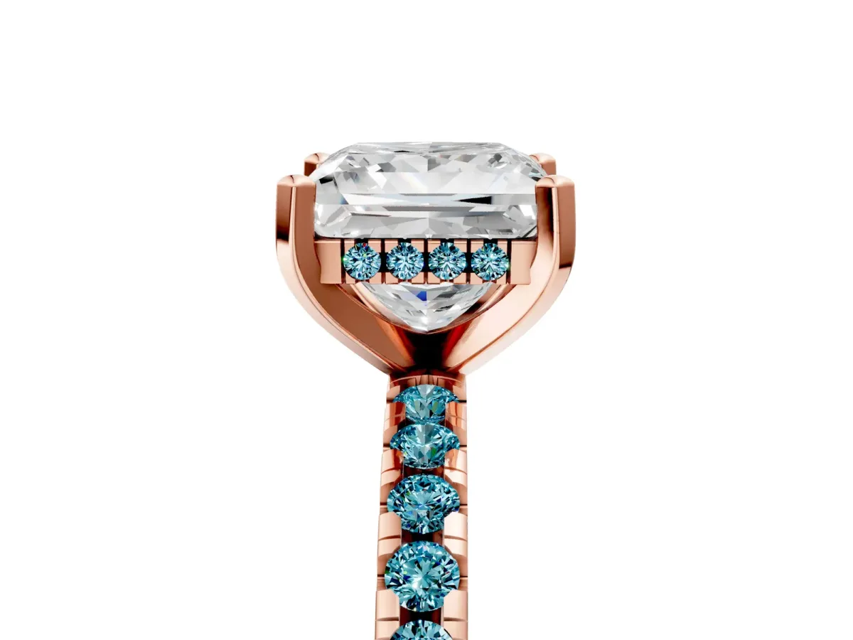 Princess Cut Diamond Solitaire Ring with Round Blue Topaz Pavé Band and Four-Prong Setting Rose gold