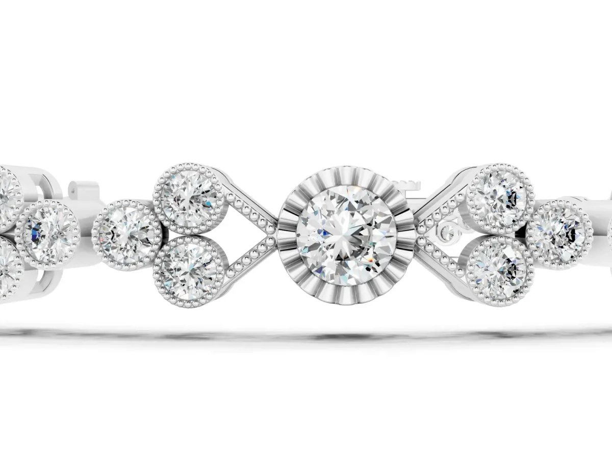 Round Cut Diamond Tennis Bracelet with Bezel Setting and Milgrain Band White gold