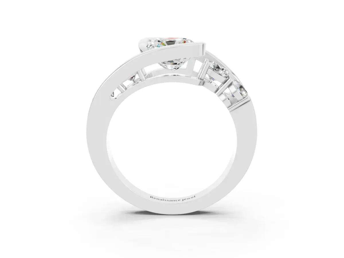 Bezel Set Cushion Cut Moissanite Bypass Ring with Round Accents Silver