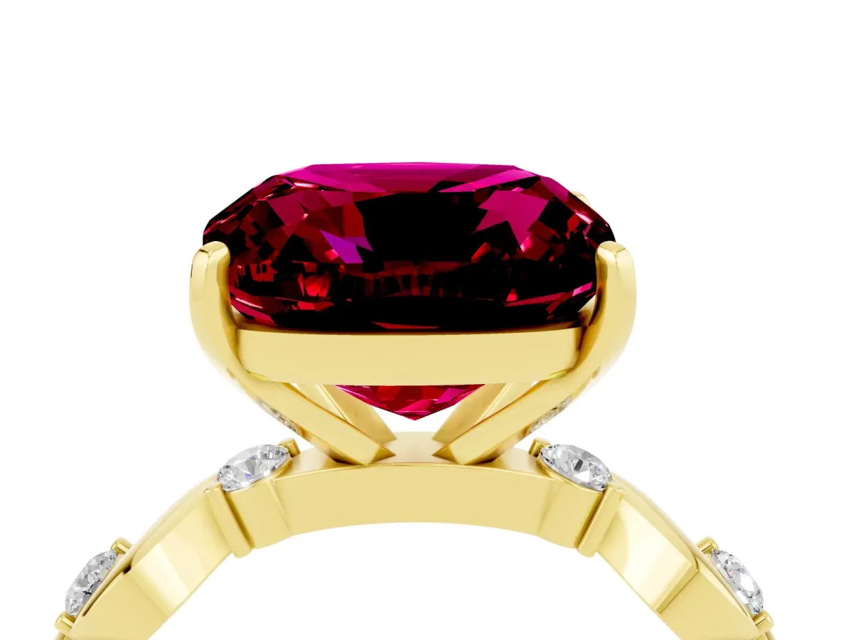 Cushion Cut Garnet Solitaire Twisted Band with Round Accents and Prong Setting Yellow gold