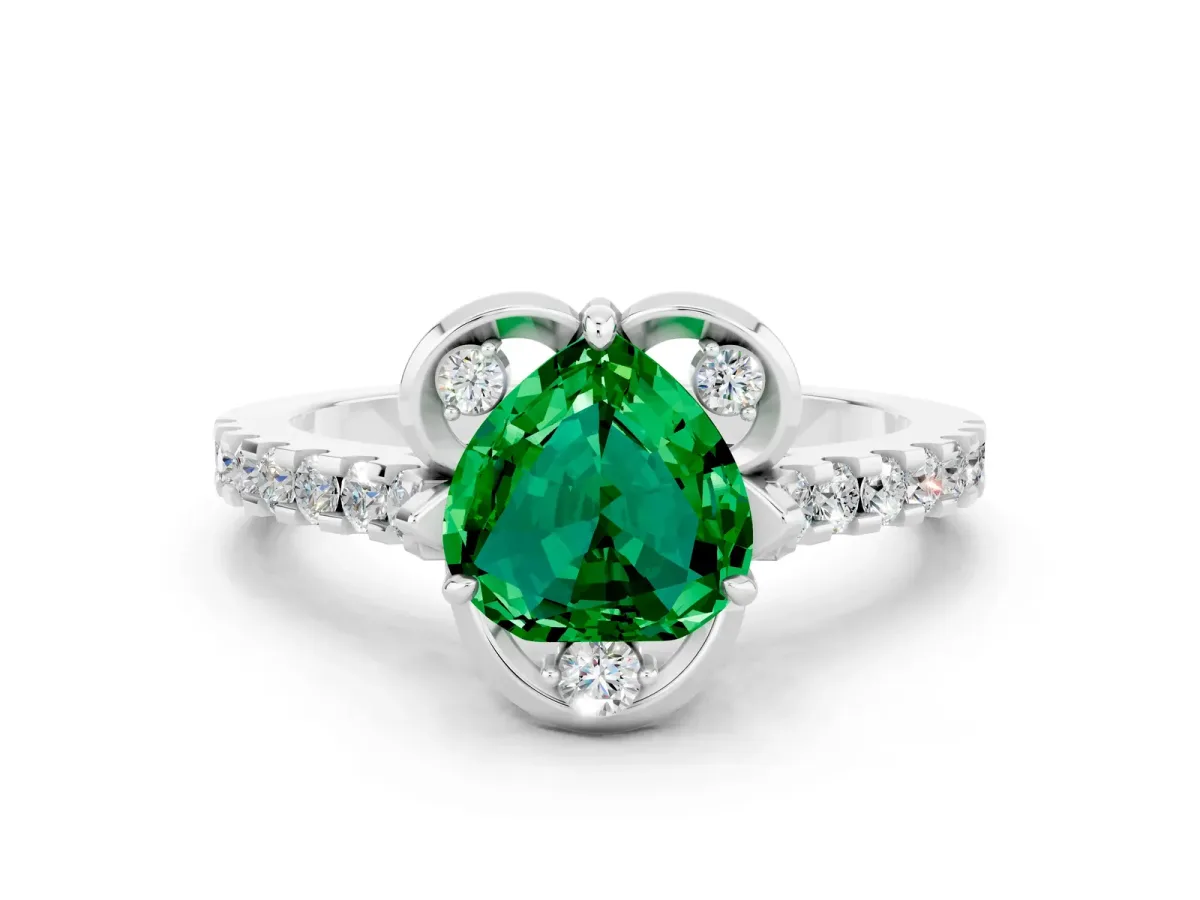 Heart Cut Emerald Ring with Pavé Band and Floral Prong Setting Silver