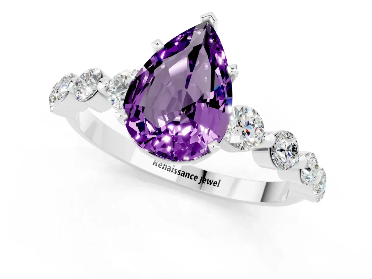 Pear Cut Solitaire Amethyst Ring with Pave Band and Four-Prong Setting White gold