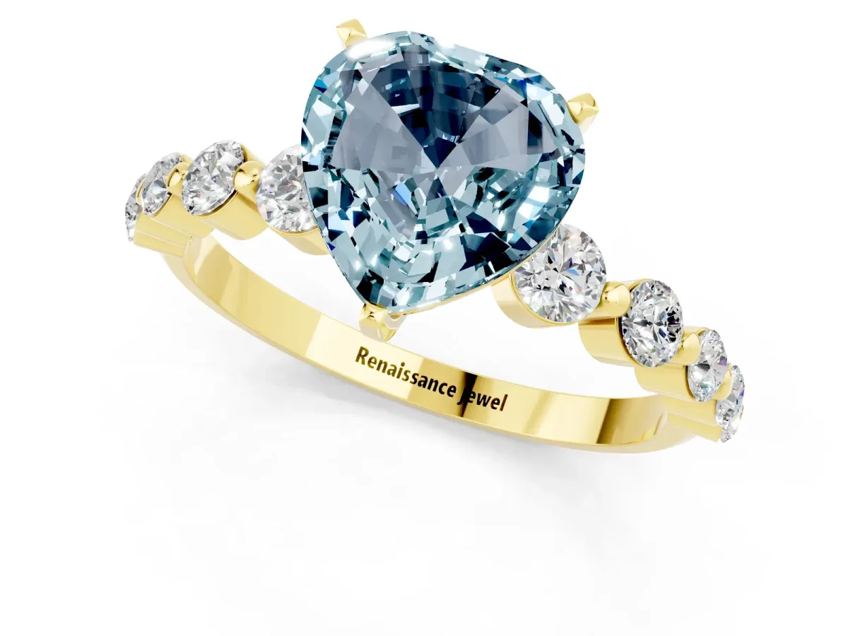 Heart Cut Solitaire Aquamarine Ring with Pave Band and Four-Prong Setting Yellow gold