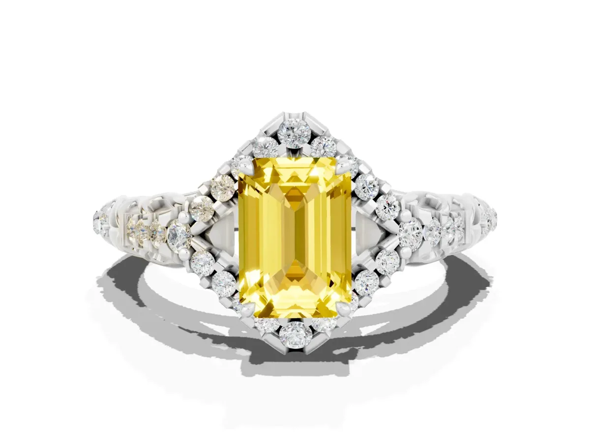 Emerald Cut Yellow Sapphire Solitaire Ring with Hidden Halo and Pavé Band White gold