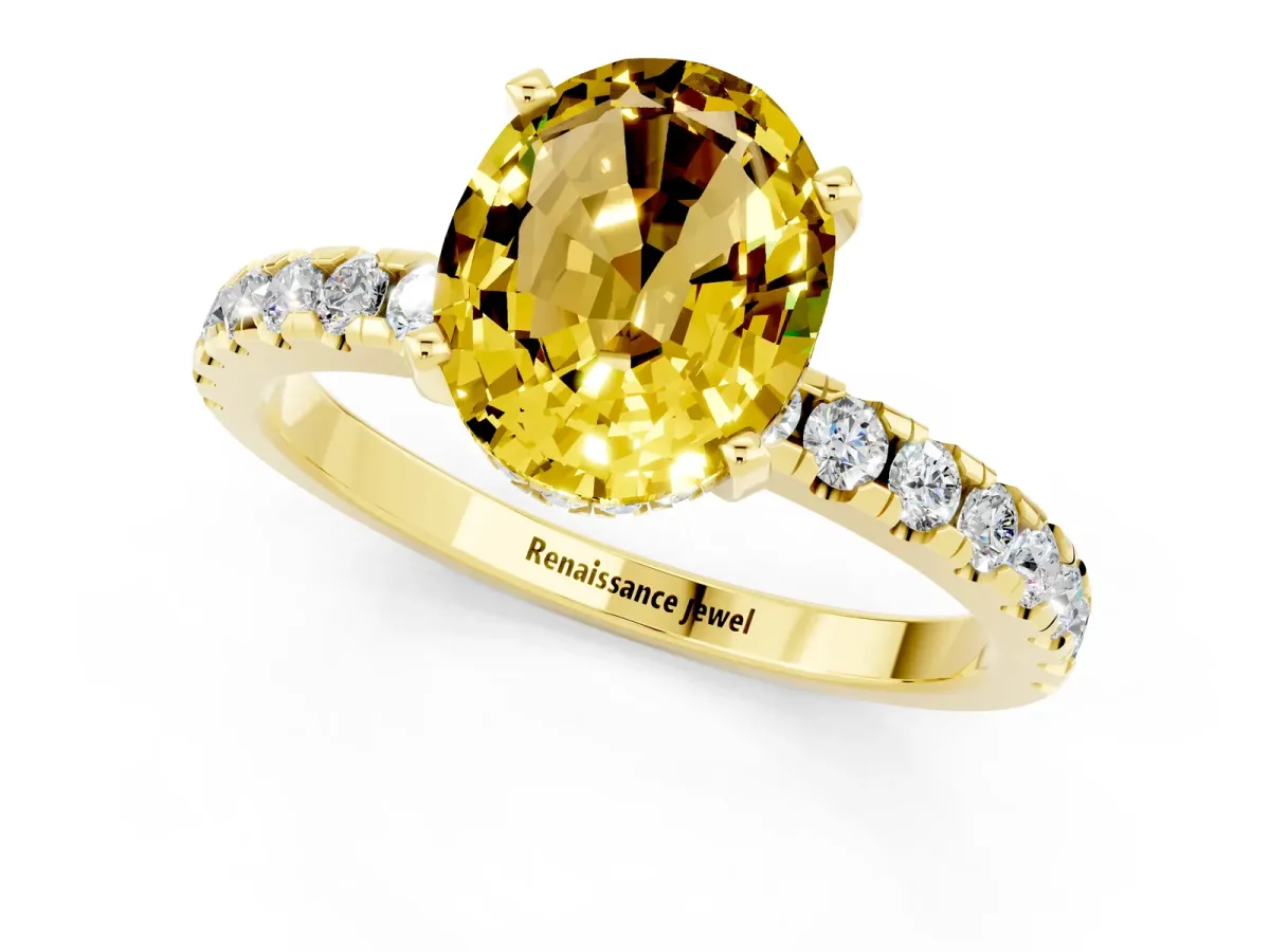 Oval Cut Yellow Sapphire Solitaire Ring with Round Pavé Band and Four-Prong Setting Yellow gold