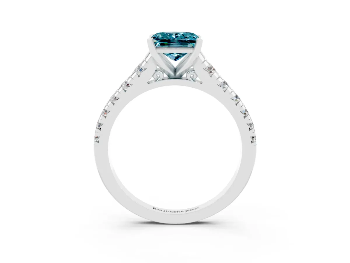 Princess Cut Blue Topaz Cathedral Solitaire Ring with Round Pavé Band Platinum