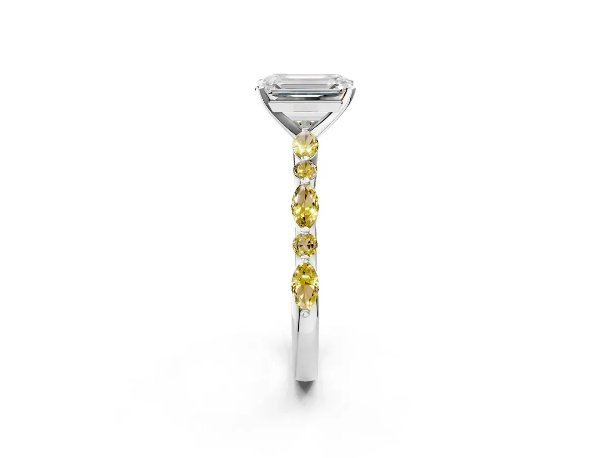 Emerald Cut Diamond Ring with Marquise and Round Yellow Sapphire Side Stones and Four-Prong Setting White gold