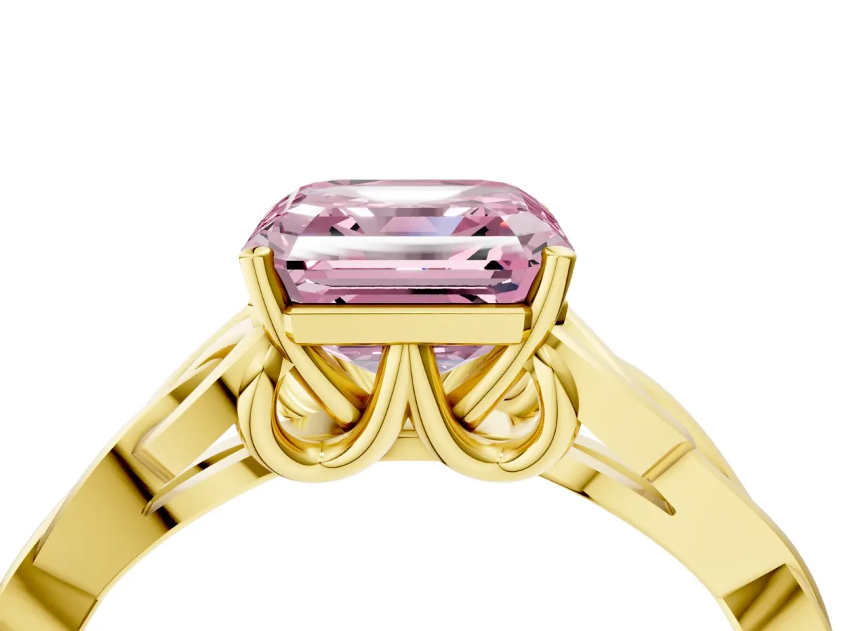 Fancy Pink Asscher Cut Diamond Solitaire Engagement Ring with Celtic Knot Band and Four-Prong Setting Yellow gold