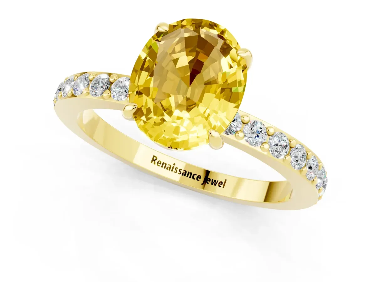 Oval Cut Yellow Sapphire Solitaire Engagement Ring with Pavé Band and Four-Prong Setting Yellow gold