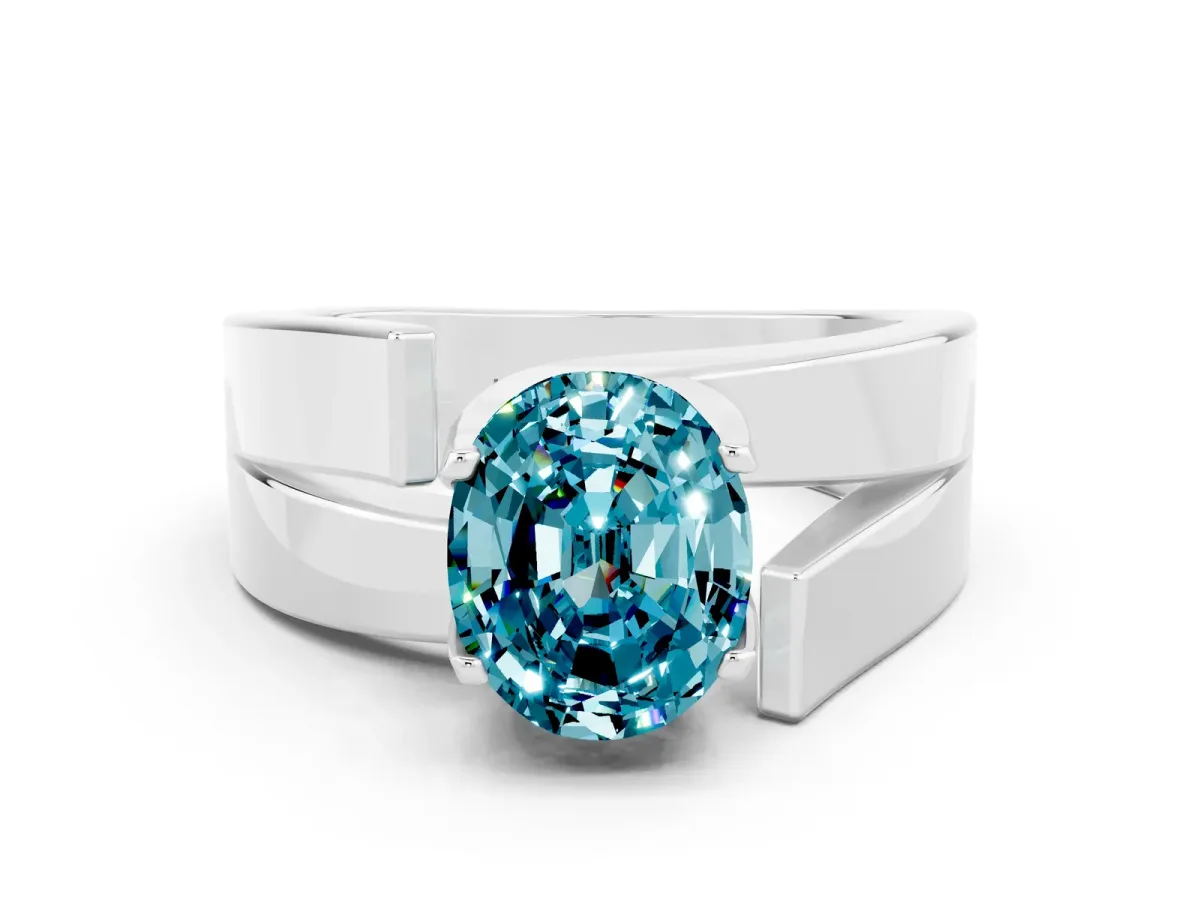Modern Tension Set Oval Cut Blue Topaz Solitaire Wide Band Ring Silver