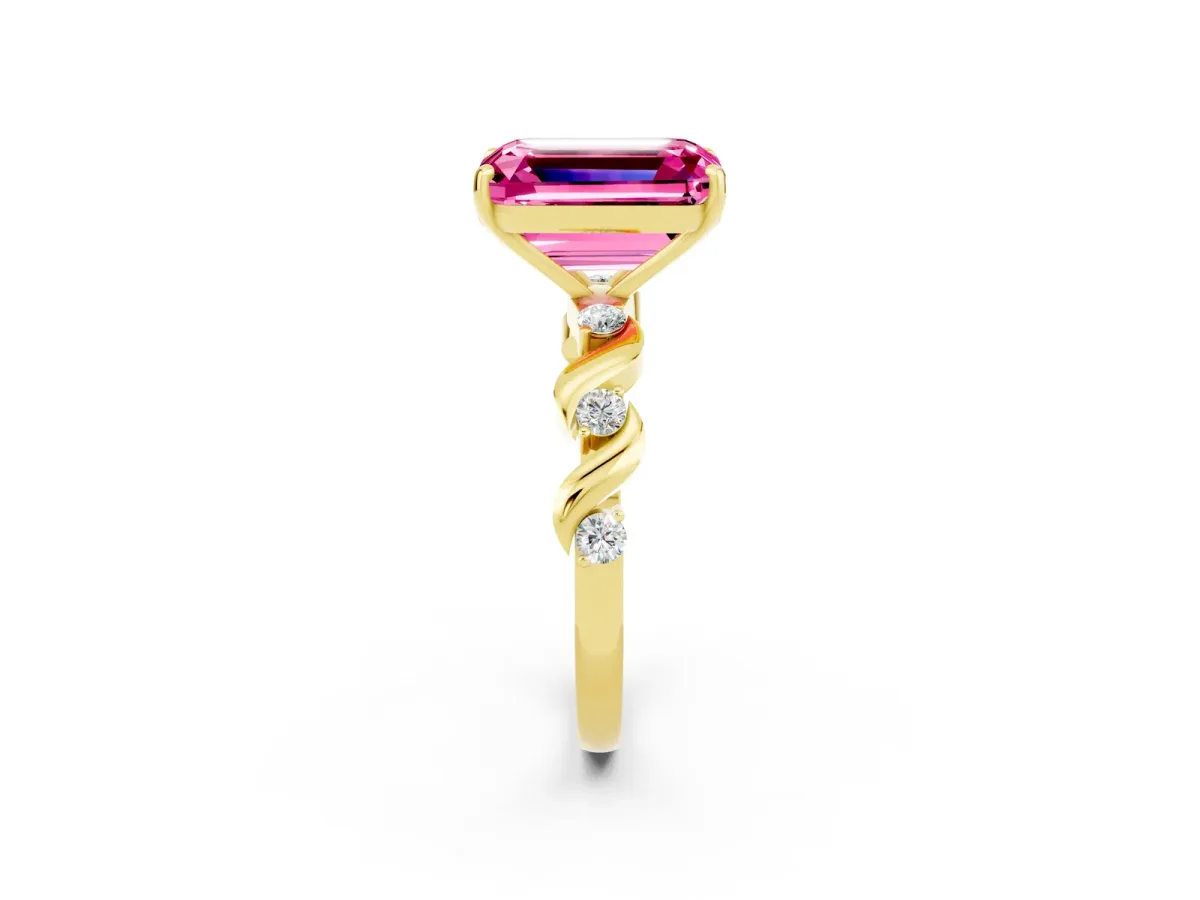 Emerald Cut Pink Sapphire Solitaire Twisted Band with Round Accents and Prong Setting Yellow gold