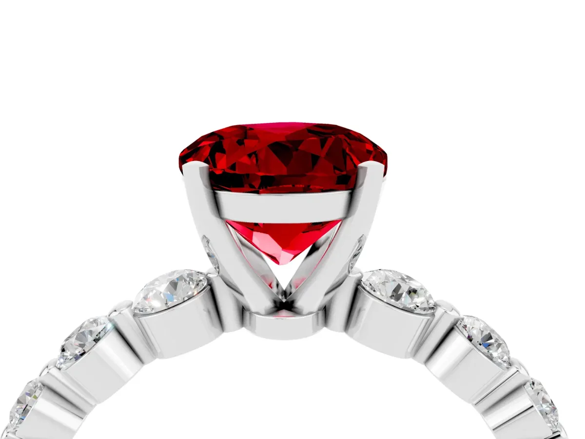 Round Cut Solitaire Ruby Ring with Pave Band and Four-Prong Setting White gold