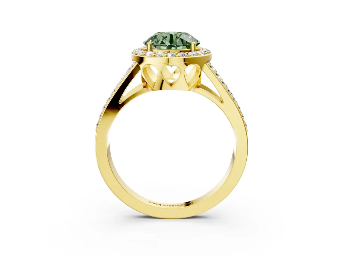 Fancy Green Round Cut Diamond Halo Ring with Split Shank U-Prong Band and Four-Prong Setting Yellow gold