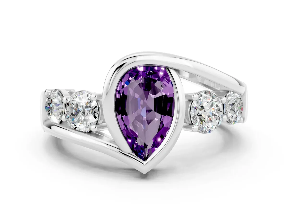 Bezel Set Pear Cut Amethyst Bypass Ring with Round Accents Platinum