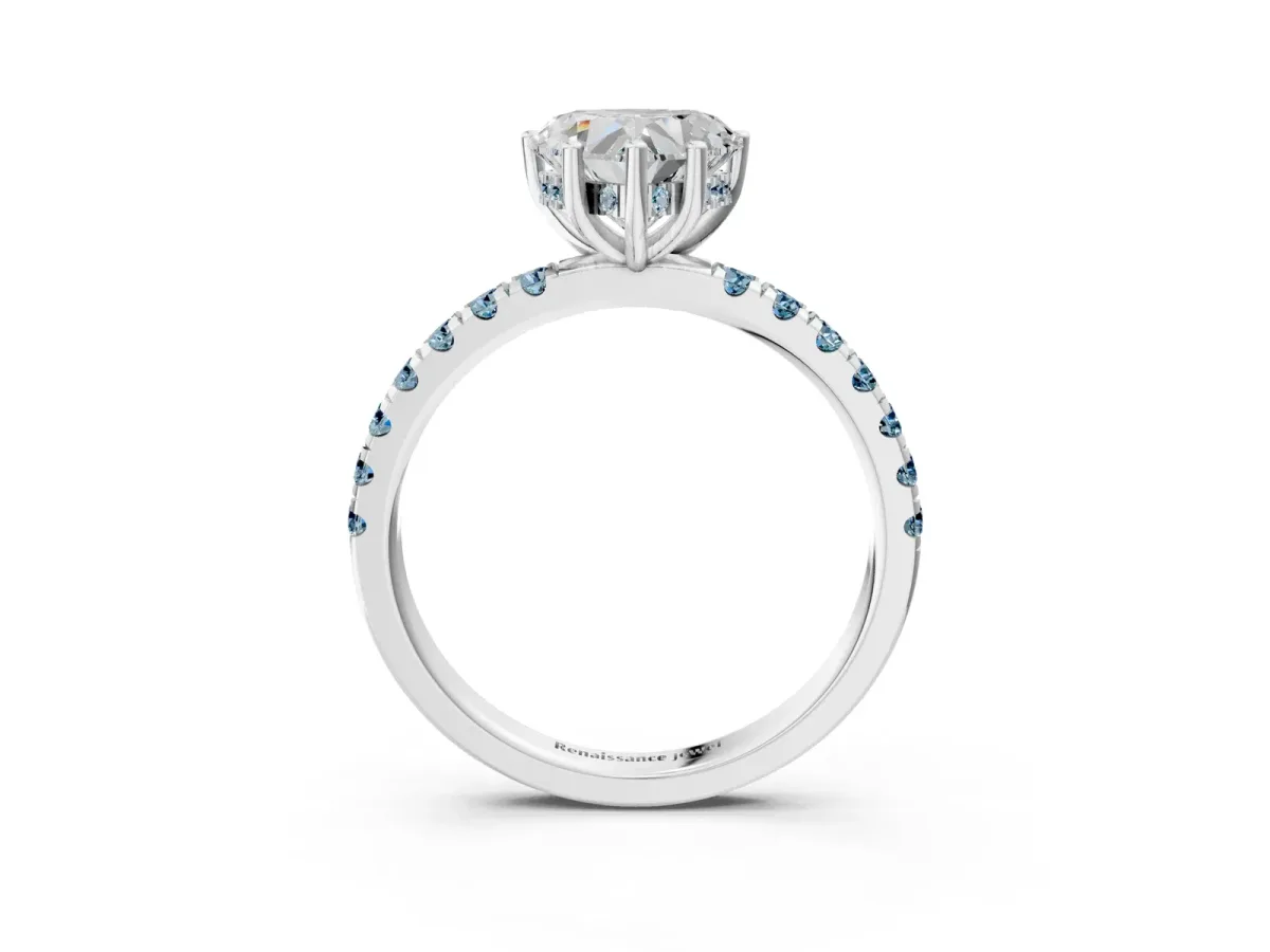 Heart Cut Diamond Pave Band Solitaire Ring with Round Aquamarine and Prong Setting White gold
