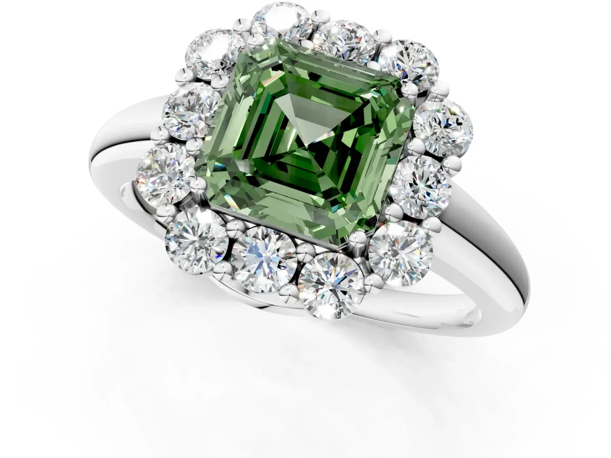 Fancy Green Asscher Cut Halo Milgrain Solitaire with Bezel Set Side Stones and Pave Band Platinum