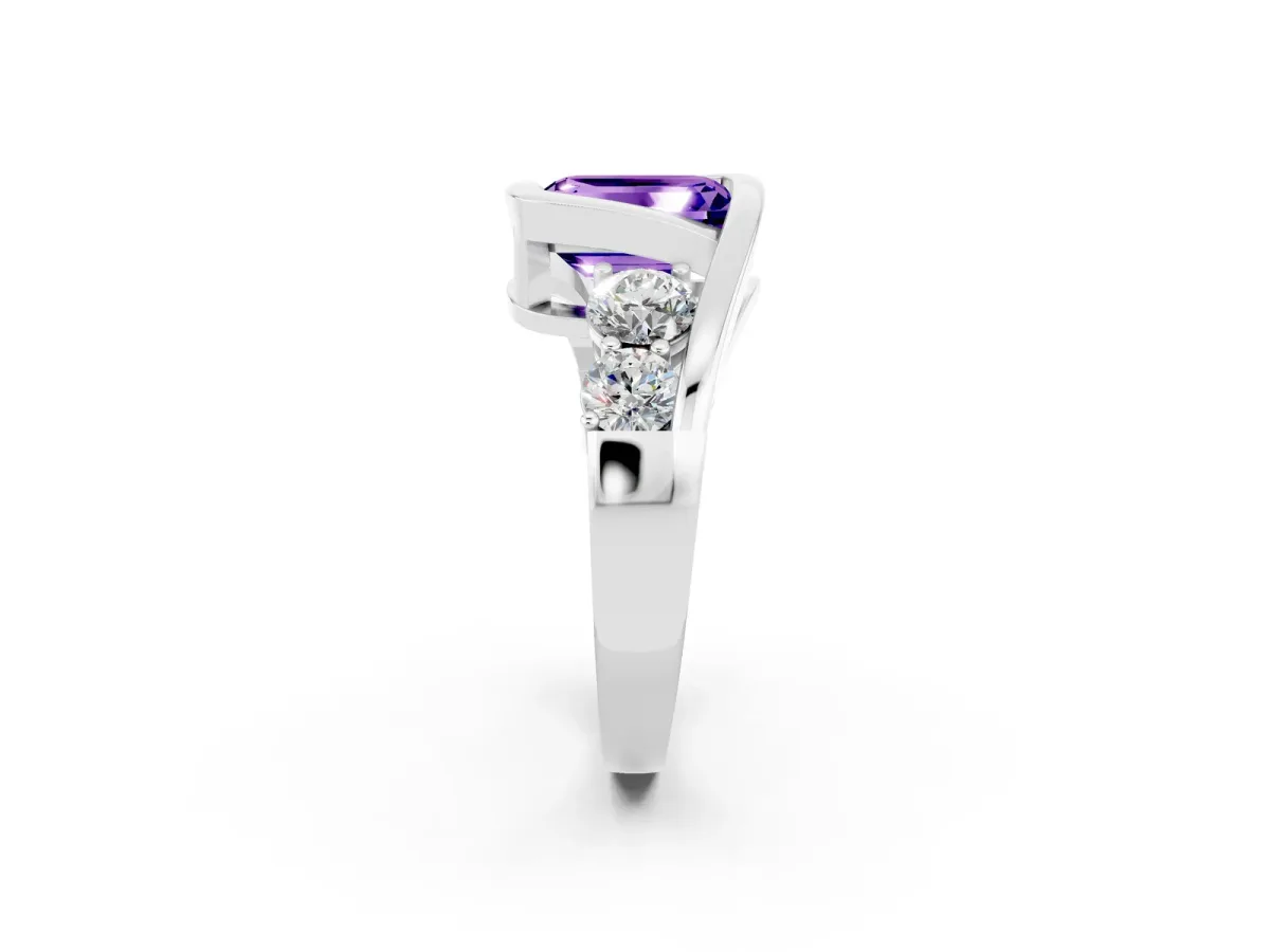 Bezel Set Emerald Cut Tanzanite Bypass Ring with Round Accents Silver