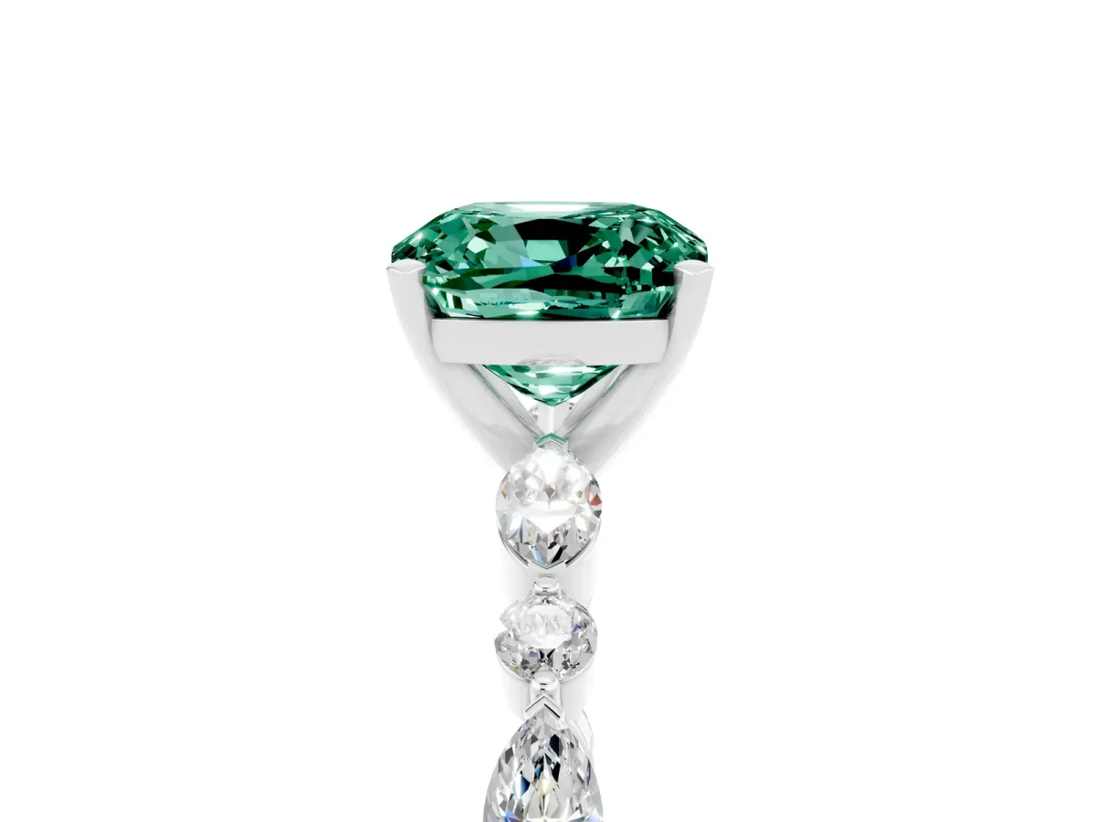 Cushion Cut Green Sapphire Ring with Marquise and Round Side Stones and Four-Prong Setting Platinum