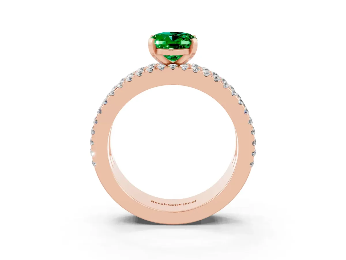 Oval Cut Emerald Solitaire Ring with Pavé and Channel Set Band Rose gold