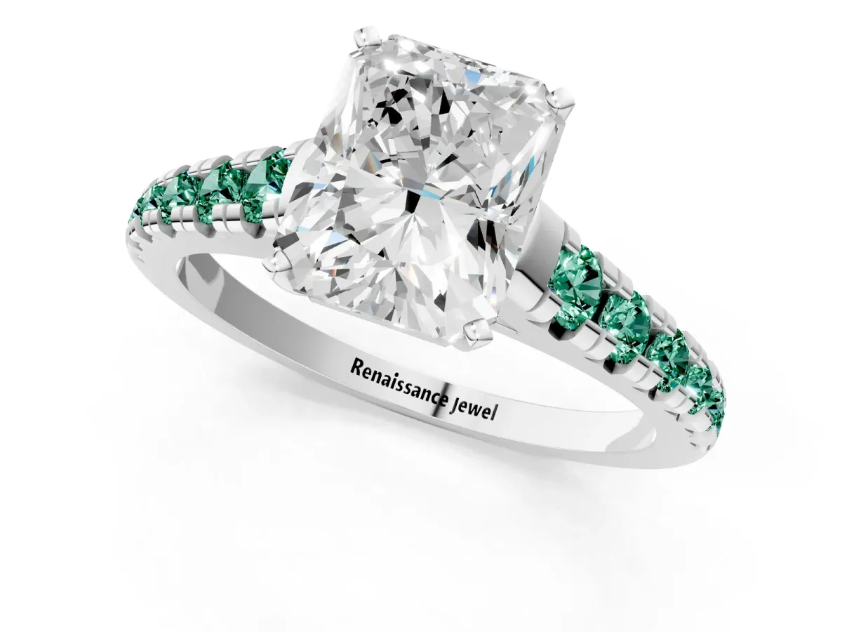 Radiant Cut Diamond Cathedral Solitaire Ring with Round Green Sapphire Pavé Band White gold