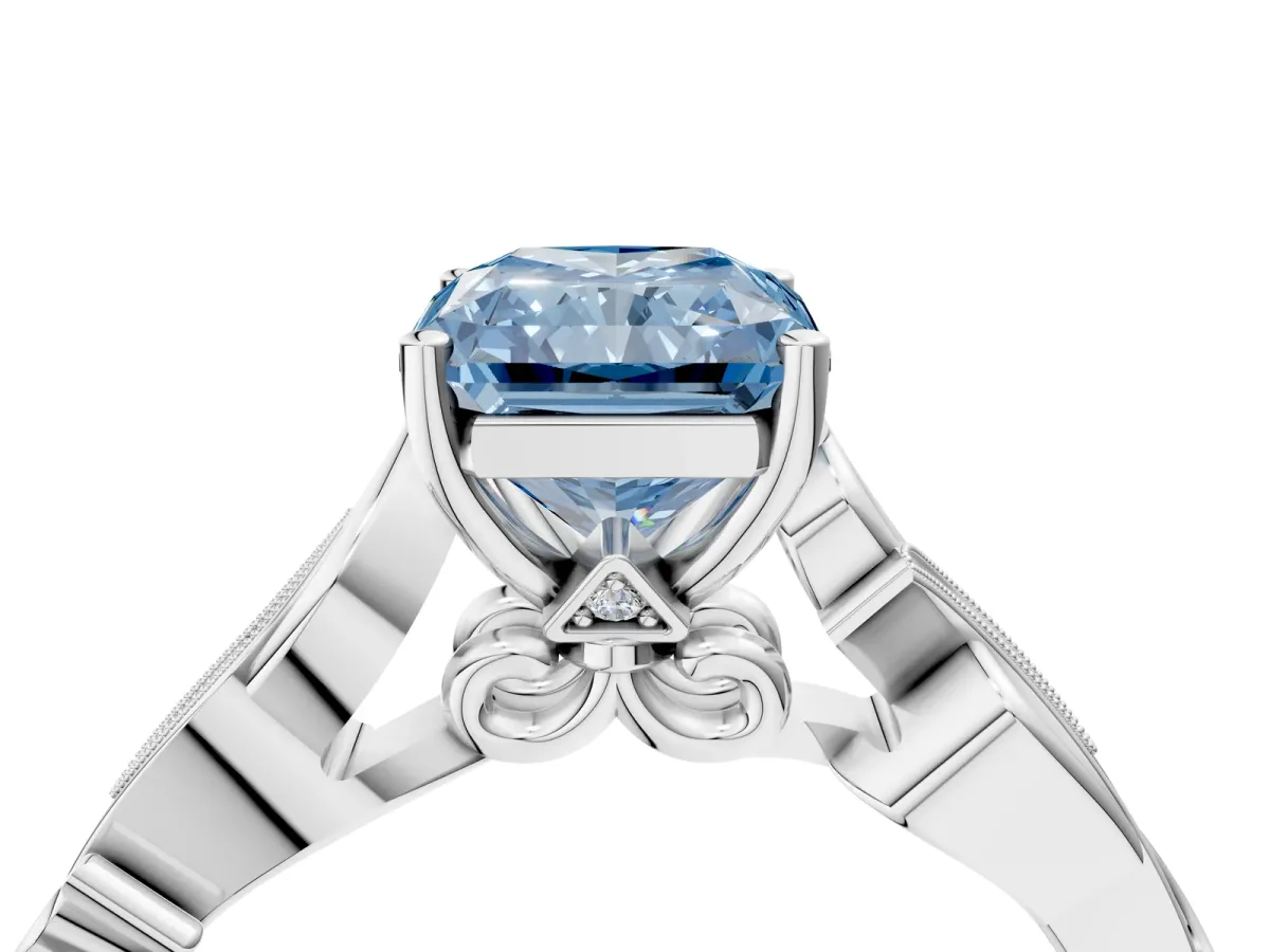 Fancy Blue Radiant Cut Solitaire Vine Band with Milgrain Prong Setting Platinum