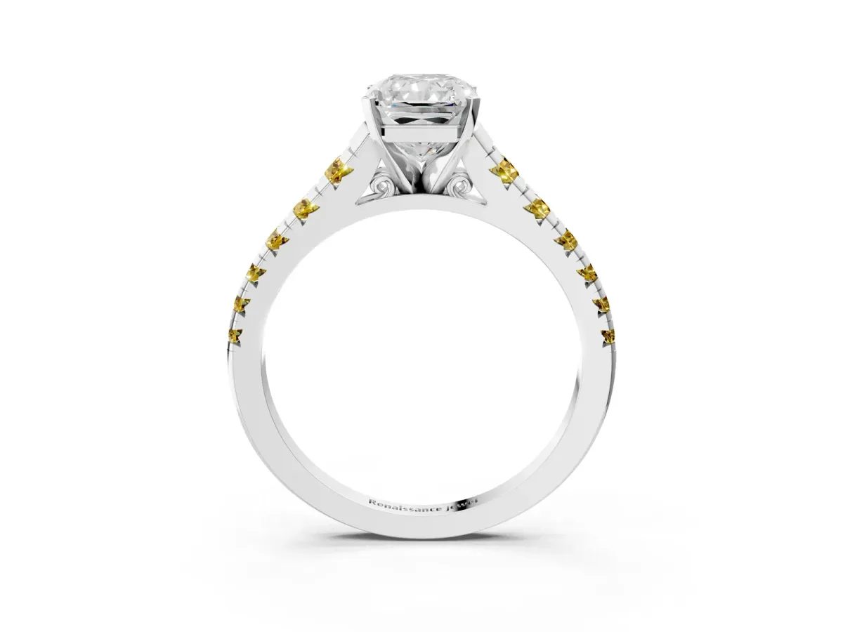 Radiant Cut Diamond Cathedral Solitaire Ring with Round Yellow Sapphire Pavé Band White gold