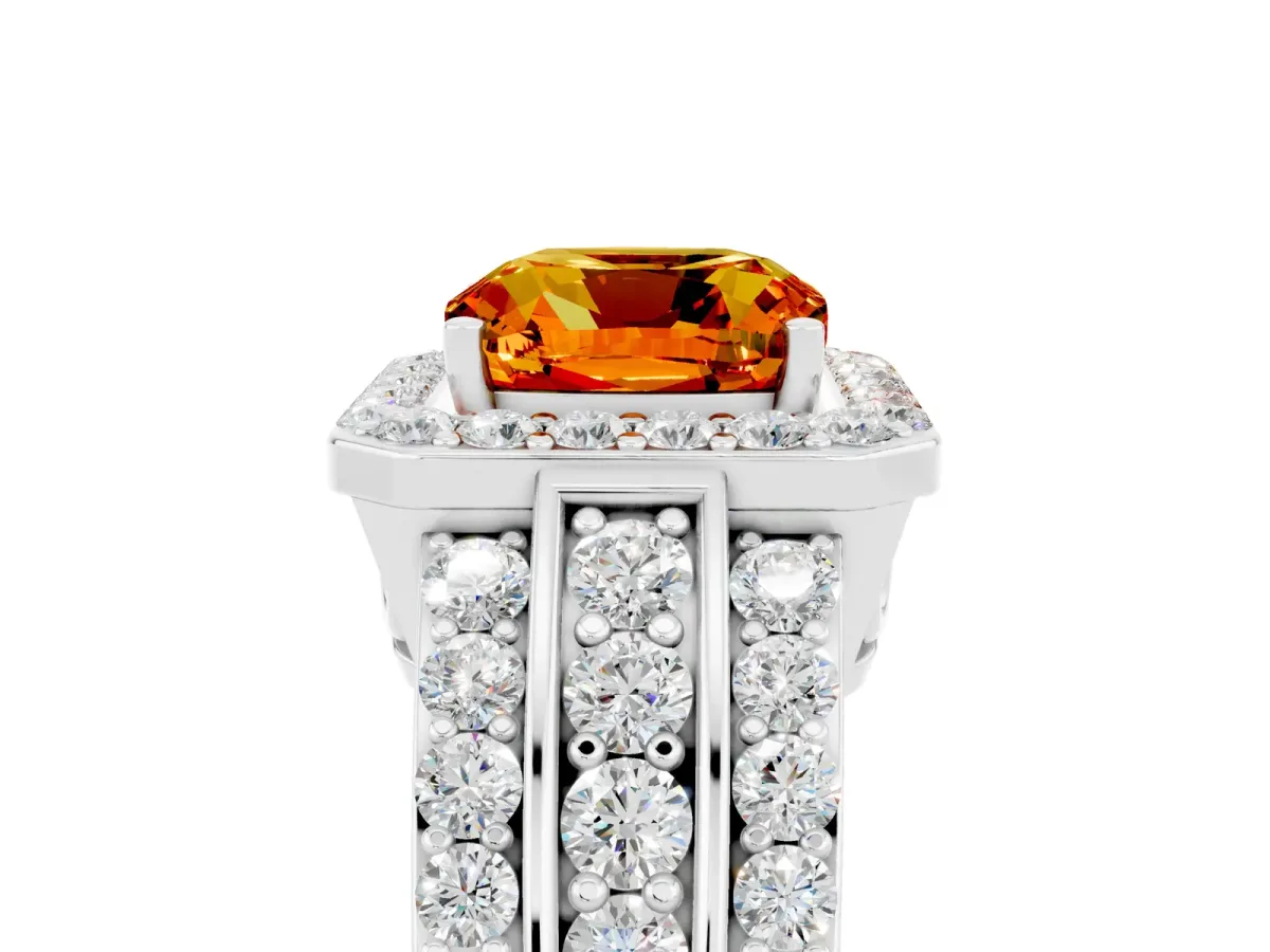 Cushion Cut Halo Citrine Ring with Round Split Shank and Prong Setting White gold