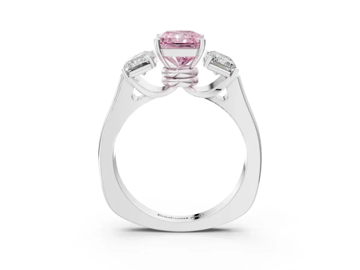 Fancy Pink Three-Stone Radiant Cut Brilliant Diamond Trellis Ring with Comfort Fit Band Platinum