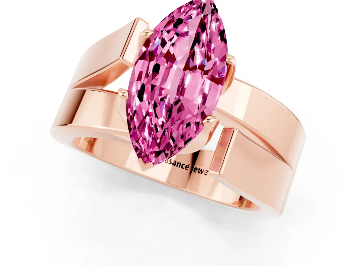 Modern Tension Set Marquise Cut Pink Sapphire Solitaire Wide Band Ring Rose gold