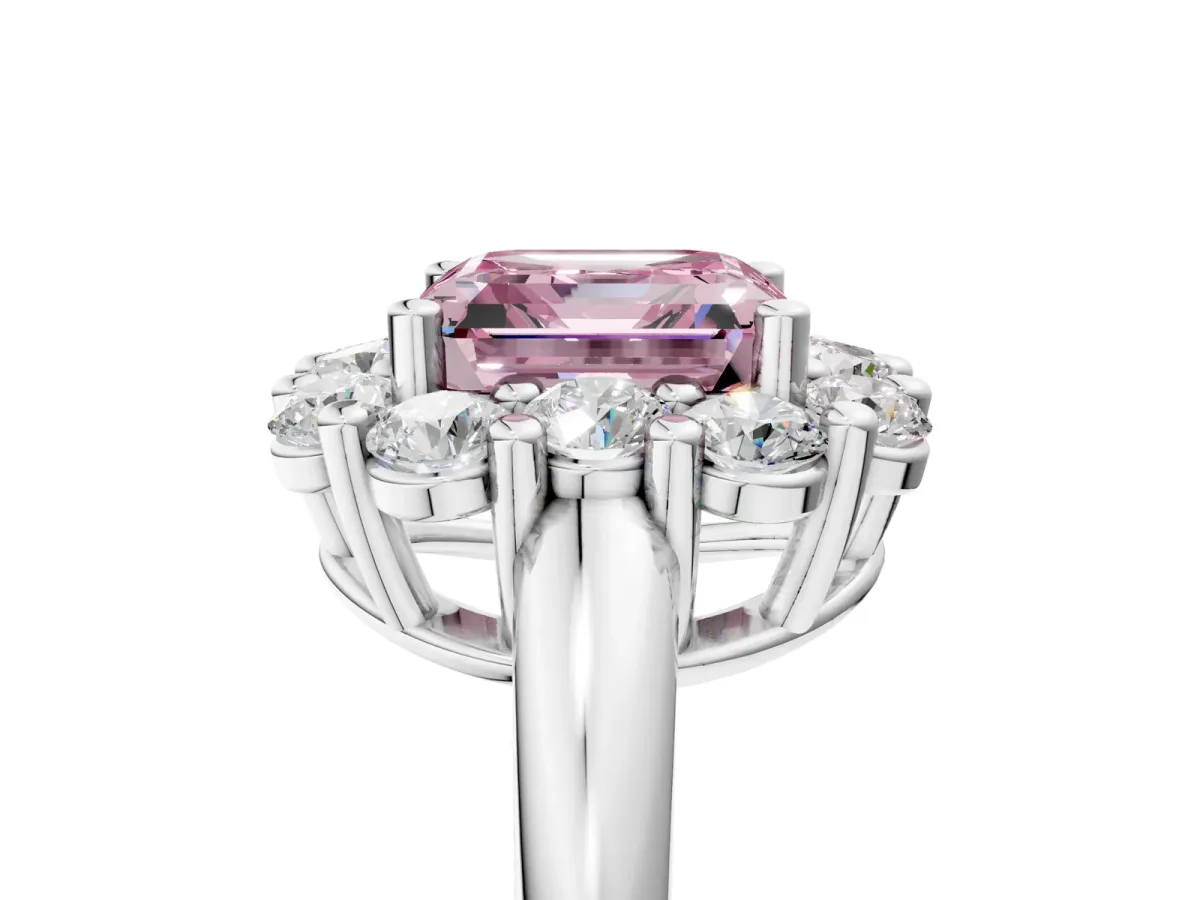Fancy Pink Asscher Cut Halo Cluster Diamond Engagement Ring with Prong Setting and Polished Band Platinum