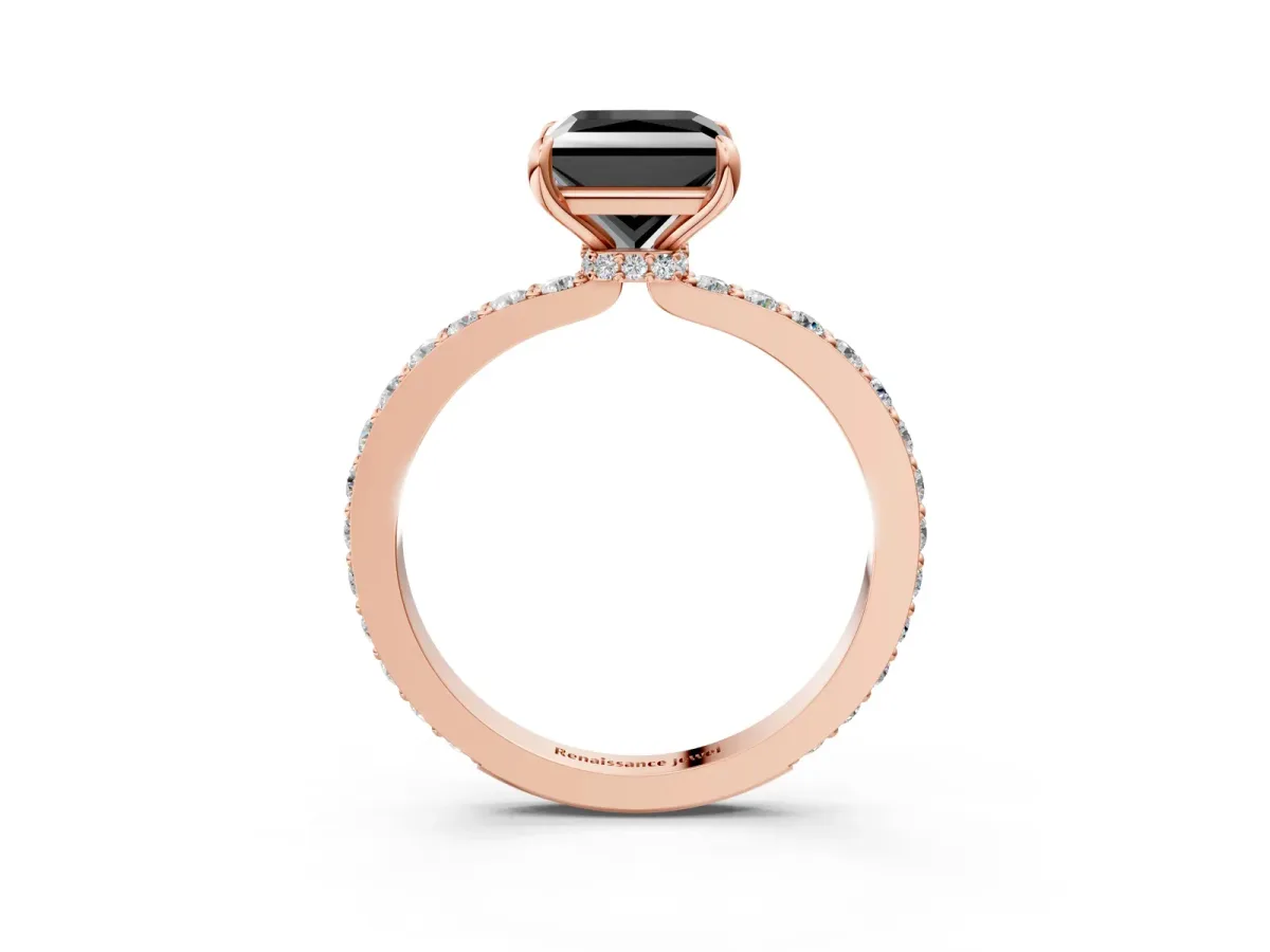 Fancy Black Princess Cut Diamond Solitaire Engagement Ring with Pavé Band and Four-Prong Setting Rose gold