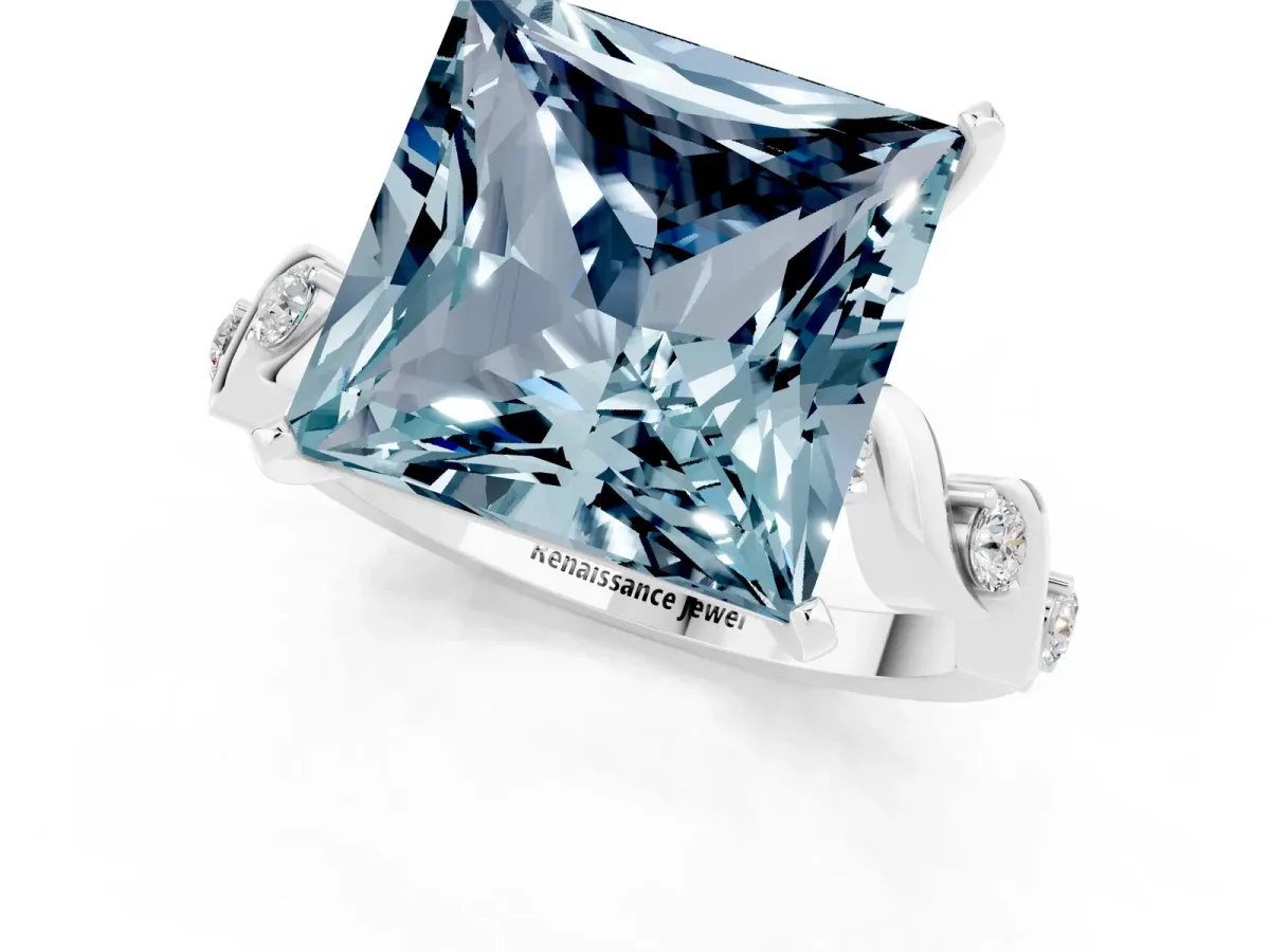 Princess Cut Aquamarine Solitaire Twisted Band with Round Accents and Prong Setting Platinum