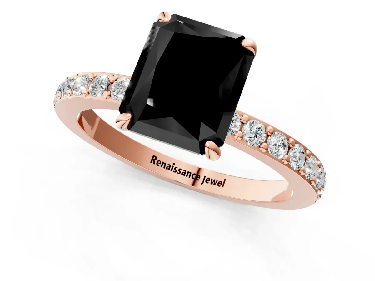 Fancy Black Radiant Cut Diamond Solitaire Engagement Ring with Pavé Band and Four-Prong Setting Rose gold