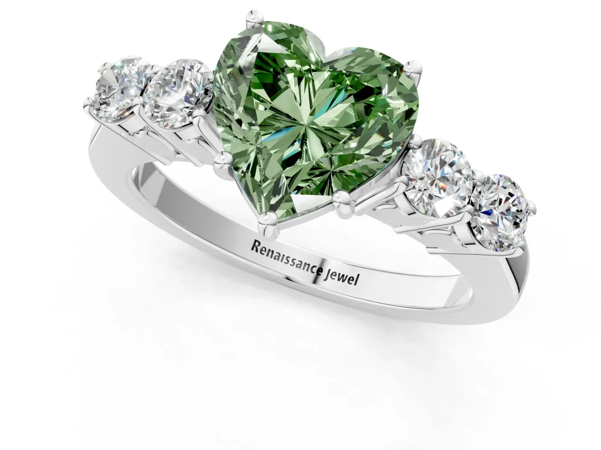 Fancy Green Heart Cut Cut Diamond Five-Stone Prong Set White Gold Ring Platinum